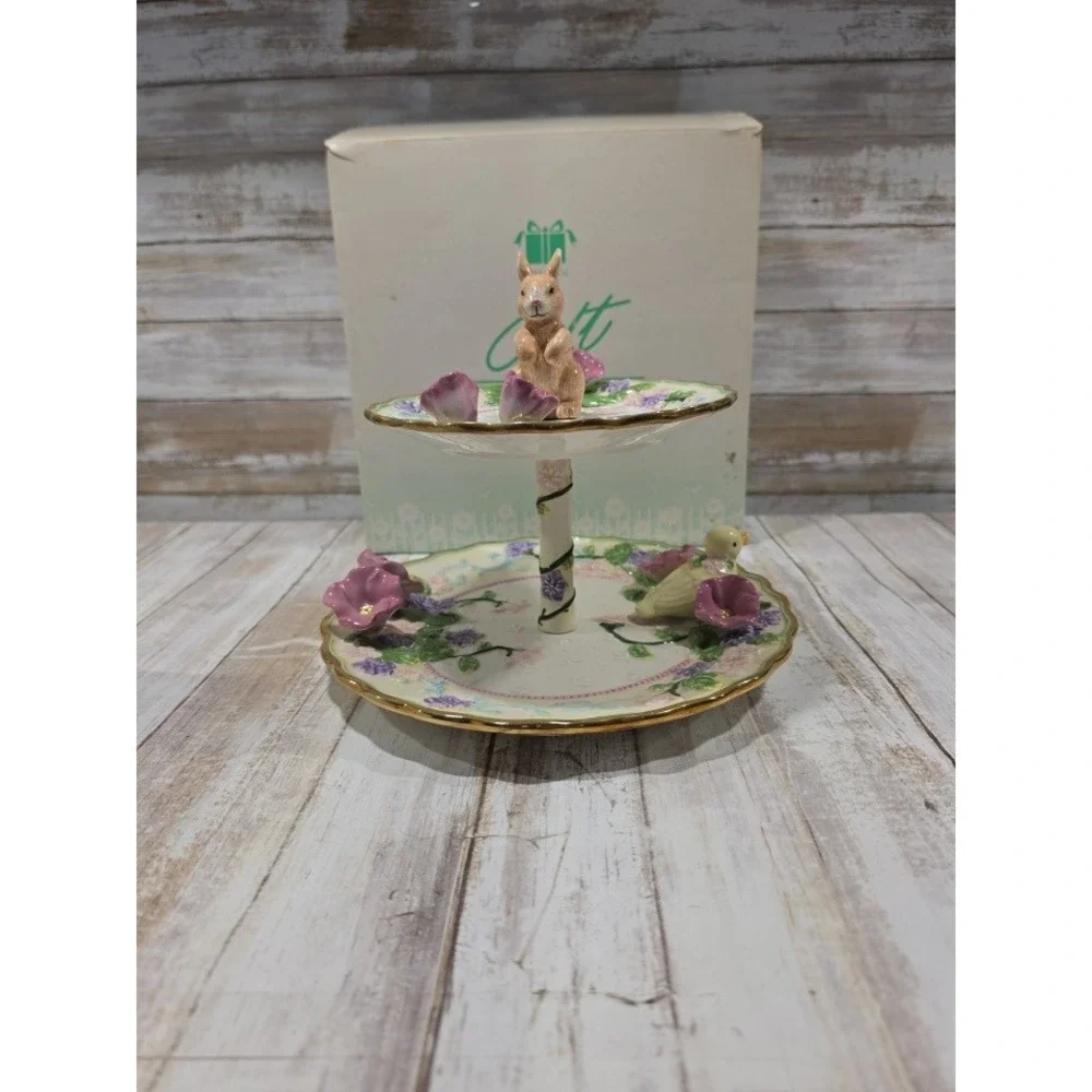 Avon Springtime Collection 2 Tier Server Bunny Bird Floral‎ Easter Tiered Tray